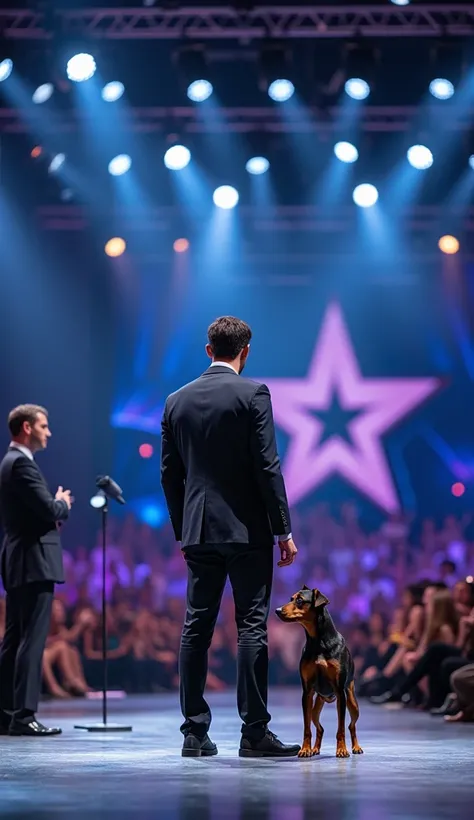 " An Americas Got Talent ,  -style talent show stage with bright lights and an elegant presenter speaking into the microphone. on stage,  a man with a small pinscher next to ,  both ready to begin the performance . The audience in the background is excited...