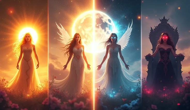 A vibrant and dynamic thumbnail featuring four divine Muses, each representing a unique theme: the Sun, Moon, Blossom, and Dark. The Sun Muse stands radiantly with golden flames and a glowing aura, exuding warmth and power. The Moon Muse appears mystical, ...