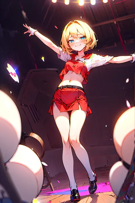 Zor Eliel ,  blonde teenager ,  blue eyes,  short hair, wearing a red skirt  , white crop top from below, black knee-high stockings, black elbow length gloves ,  small tits,  realist,  Lifting a belt 、 blush, Awkward,  frowns,  bangs between eyes,  bob hai...