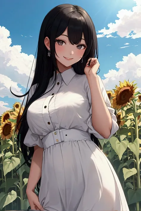 (masterpiece, best quality), A girl with black eyes and long black hair is wearing a thin white blouse and smiling in the sun in a place full of sunflowers.  Clear weather,  blue sky