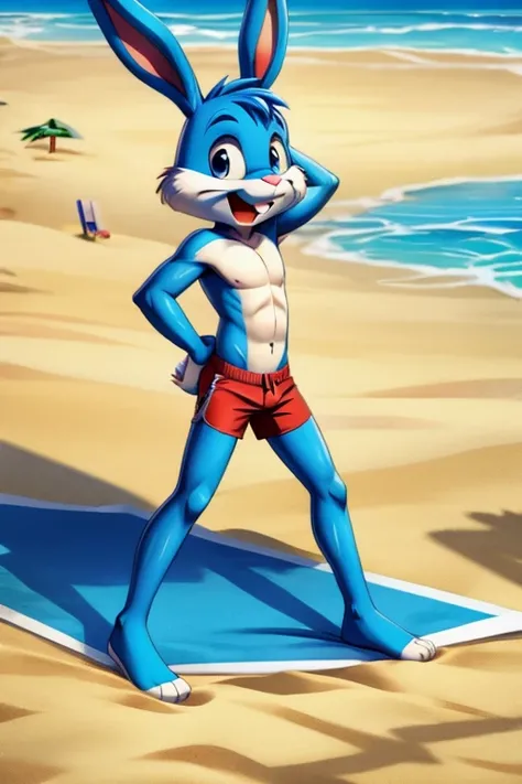 Cartoon rabbit guy blue hair full length slim skinny in red swimming trunks on the beach with a happy face big ears