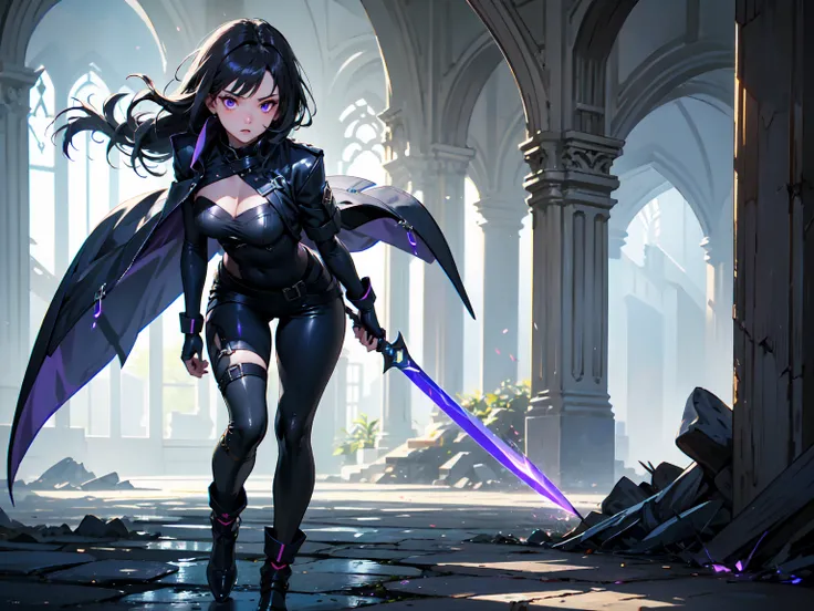 (((masterpiece, best quality, high detailed, 16k))) (1girl) A mysterious rogue with short, jet-black hair and striking violet eyes. She is dressed in a sleek, dark leather outfit that allows for swift movement, with hidden daggers strapped to her legs. Her...