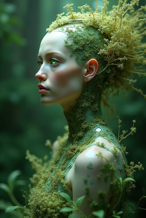 The goddess, gaia, mother of green earth and nature, green glowing eyes, head to breast, silicone cybernetics. High Resolution, Masterpiece, Award Winning, Best Quality, High Details, High Quality, UHD, Optical Illusion, Impressionism, Art Deco, Cinematic,...