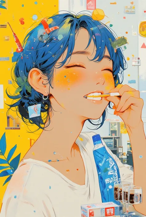   woman brushing her teeth with a sleepy face、「Ee」,White,light blue,Ultramarine,Sunflower color ,Surreal collage,a contemporary artistic collage,collage artwork, New Album Cover , Great Job !! ,digital collage、(collage ),collage art,contemporary collage,mi...