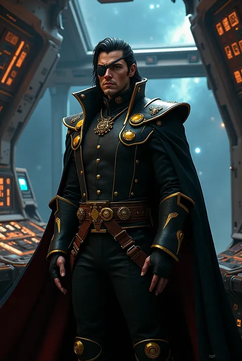 Capitan harlock photo realism, film, real person, in action, beautiful man, no cartoon. Pirate eye patch on the eye.  Real life. On the spaceship