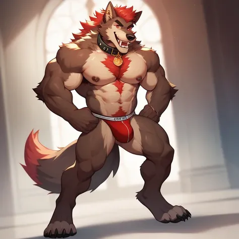 Red Eyes, HD, werewolf Ears, werewolf, red Hair, solo, Happy, male, furry, gay, Masterpiece, muscular, Naked, sexy, horny, father, piercing on the right end of the ear, dog collar, bad boy, wolf tail, dark body hair, police, red jockstrap, full body, 