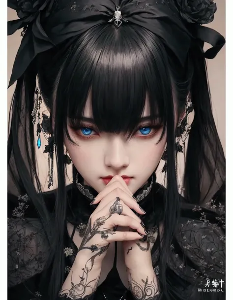 Beautiful girl with black hair and blue eyes with her hands on her chin, artwork in the style of guweiz, guweiz, detailed portrait stunning face portrait, gothic maiden girl, guweiz masterpiece, guweiz on pixiv artstation, clean detailed realistic