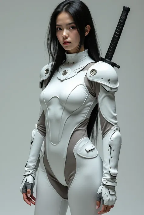 One girl, Realistic, Sharp focus, ultra realistic photo, High resolution, Alone, full body photo, flat chest. tiny chest. flat breast. White futuristic combat tight bodysuit, ((storm shadow)). white ninja tight suit. Beautiful woman, european russian japan...