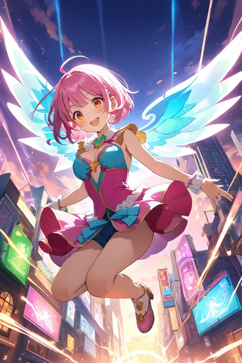 1 girl, (adorable face), , short hair, (cheerful expression), medium breasts, (wearing stylish magical girl outfit), above knee length, cute accessories, BREAK  
Cityscape at sunset, magical energy, (flying:1.2), colorful city lights in the background, BRE...