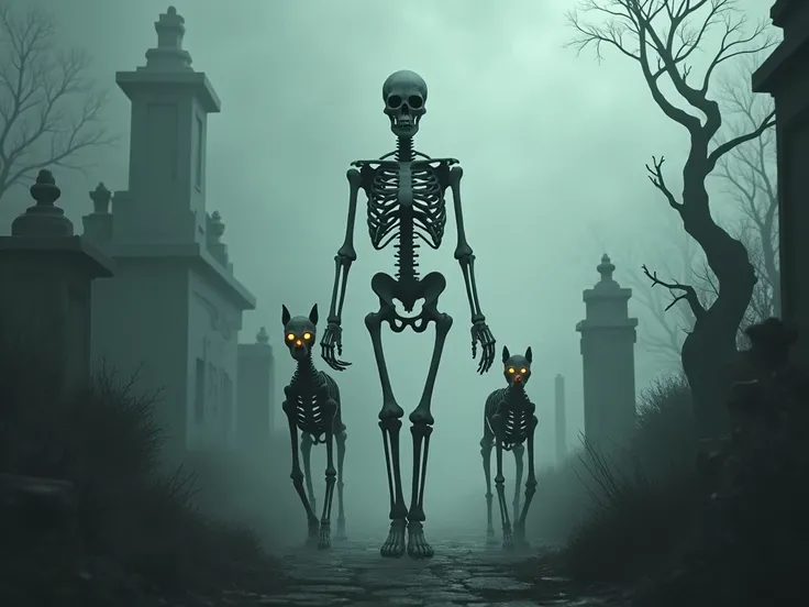 A human skeleton walks his two skeleton dogs in the cemetery