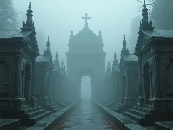 A large cemetery with very luxurious vaults covered in fog