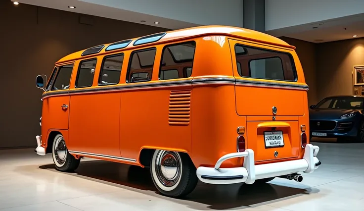 Volkswagen campervan   luxury showroom orange back view 