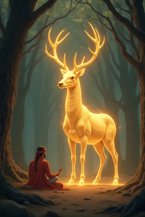 Illustrate the transformation of Raja Bharats soul into a deer after his death. Show a glowing spiritual aura leaving his meditating body and merging into a majestic deer standing nearby. The deer appears otherworldly, with subtle golden light emanating fr...