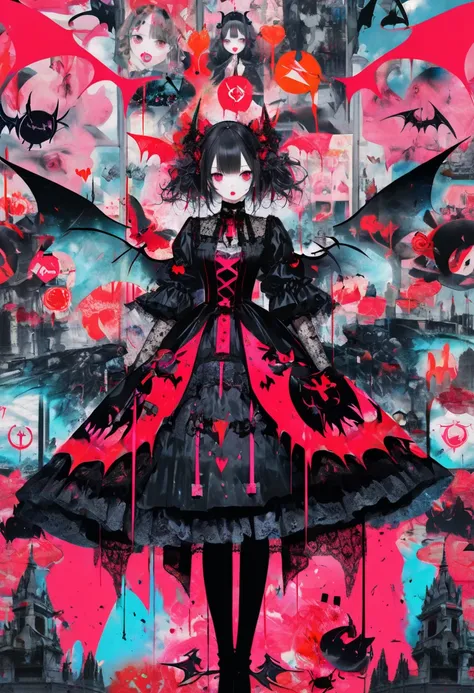 (masterpiece, best quality),(multiple exposure effect: 1.2),
waterprint collage depicting,a devil girl,devil is surrounded by missiles and bombs symbols,wearing gothic dress,devil wings,splash color, collage art, contemporary art,