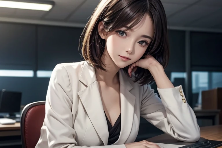 (best quality, masterpiece:1.2), 8K, ultra detailed, beautiful, photorealistic, RAW photo, cinematic lighting, A woman is sitting on the office chair, leaned forward slightly, resting her chest on the table, chin resting on a hand with a sleepy expression,...