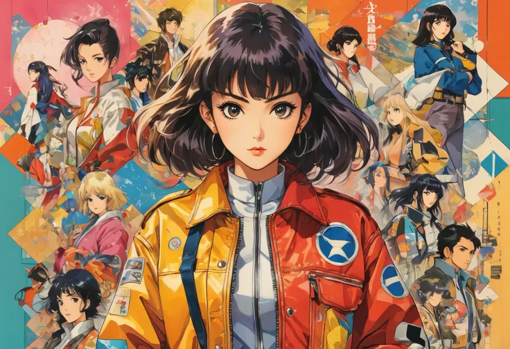  Women wearing breathtaking anime artwork patchwork jackets, vintage 1980s anime,  various manga genres ,  mixed media collage , Okayasu Tomo, A woman in a patchwork jacket is depicted in a vintage 1980s  anime style art piece.  jackets are exquisitely des...