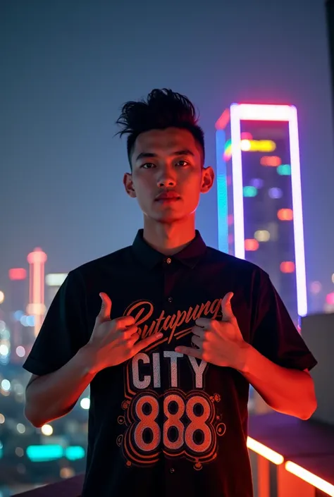 
 professional photos 4K  , , an Asian man with a round face , The mohawk ,  in a black shirt dress with a graphic print  "Butapung City 888" , Bright Color Fluorescent Font, And the old shorts were missing ,  was looking straight at the audience ,  pointi...