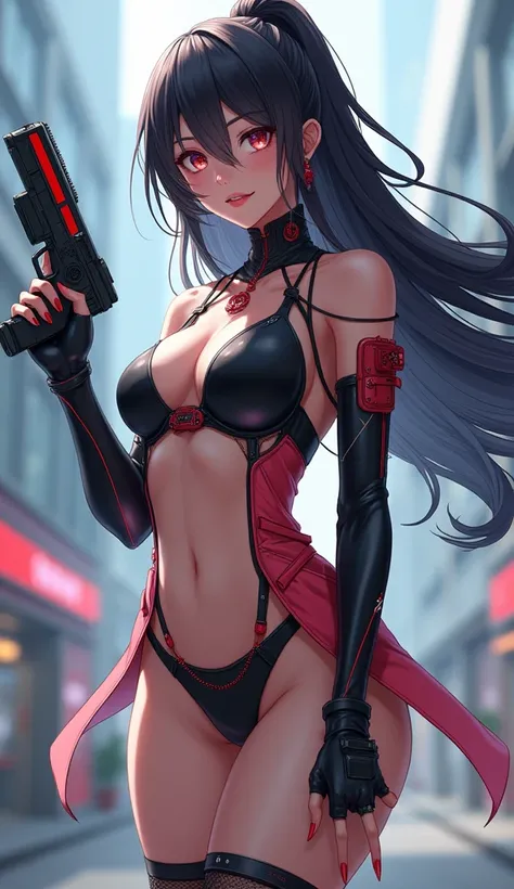  High Quality , Outstanding Detail ,  ultra high resolution , (現實主義 full body portrait: 1.4),  Best Illustration , The details are super clear, 1 girl, Osaki Amane,  Smooth Hair Spreading in the Wind , Exquisite and beautiful face , WEARING BLACK AND RED B...