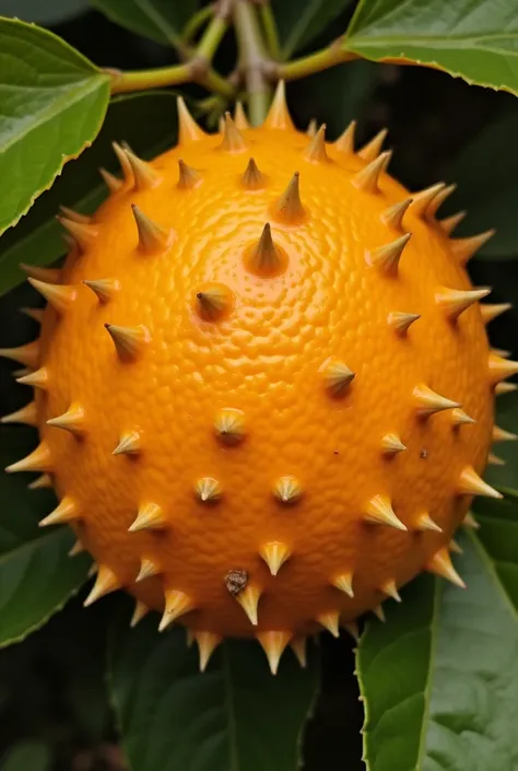 A bright orange citrus fruit with a swirling flame patterned spikes stemming from its skin.