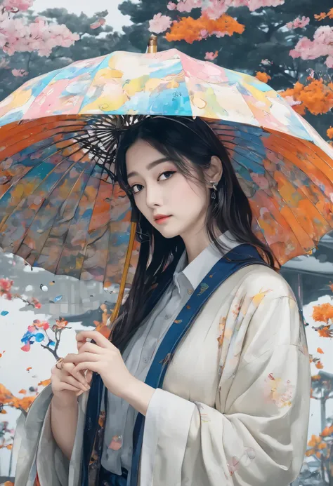 Cute Girl、Colorful umbrellas、The mental world of a mentally ill person 、 full color, Pencil drawing,  Japanese painting,  A Fusion of Woodblock Prints and Oil Paintings ,  Fusion of Watercolor and Oil Paintings , Romantic Art , Mix of monochrome and color,...