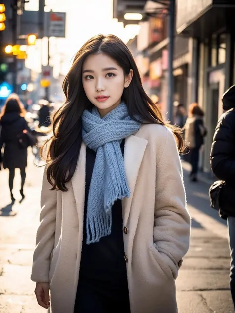 (((Highest quality, 8,000 people, masterpiece: 1.3)), (25-year-old woman), (Glowing Skin:1.3),   she has long brown hair 、 white skin、And double eyelids 。 brown long hair portrait of a woman wearing winter clothes with her arms behind her ears。She has a ge...