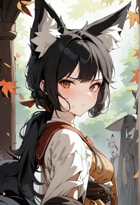 (1girl, Masterpiece, best quality, beautiful) A young fox-woman, short black hair, black fox ears with white fur, neutral face expression, medieval-style (detailed ((black clothing)) beautiful amber eyes, brown belt around her waist, black pants, standing ...