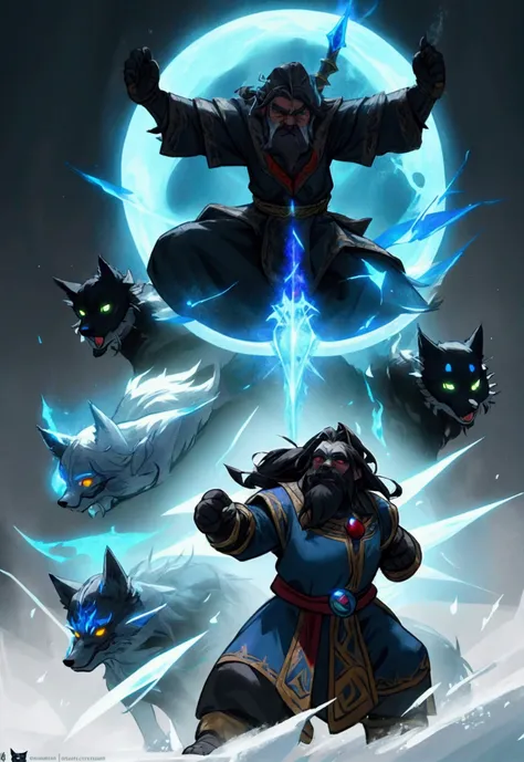 A short, powerful (((dwarf))) wielding a fiery Blade of Chaos, his stance radiating energy and determination. Behind him stand his companions: a graceful ((Fey ))with glowing wings, a ((Frost Undead Mage)) cloaked in icy mist, a pack of ferocious(( wolves ...