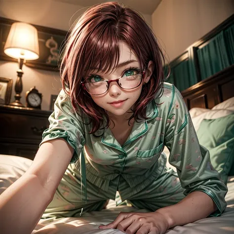 Short,  red hair ,  green eyes ,  metal-framed glasses, green pajamas with buttons, smiling girl in bed under a disco ball. (split)