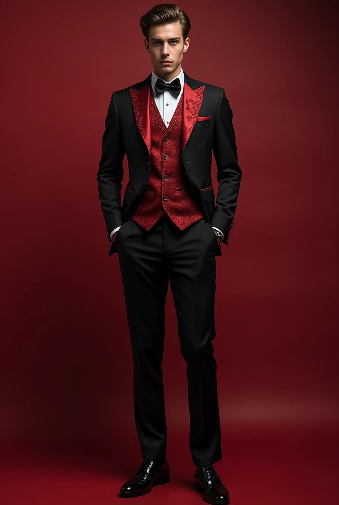 Mens prom dress waistcoat without shirt. All in pig-blood color. Black shoes