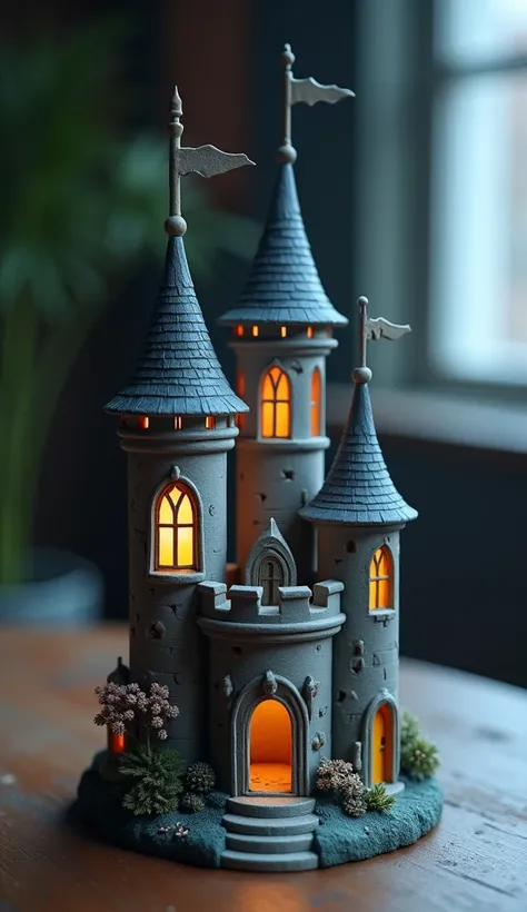 Small castle on a table, 3 torres, 3d printed ,  of a toy , dark 