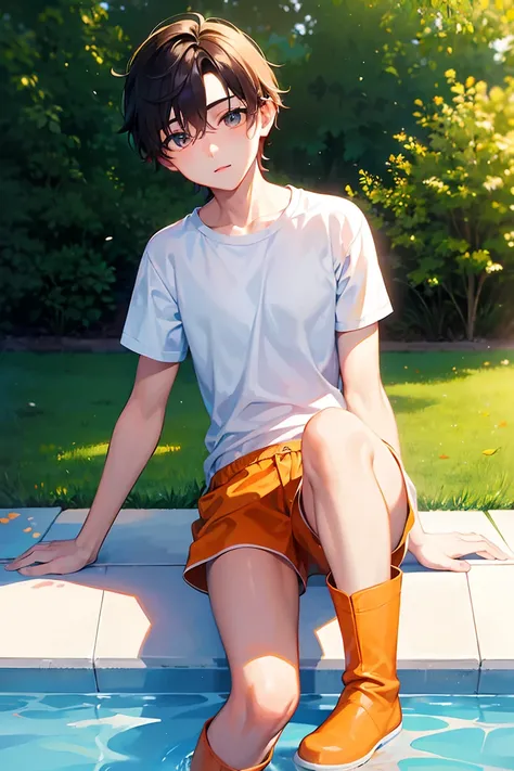 teenage boy in a white plain shirt and orange boots, on the poolside, (beautiful eyes), (soft+cute), ((best quality)), ((masterpiece))