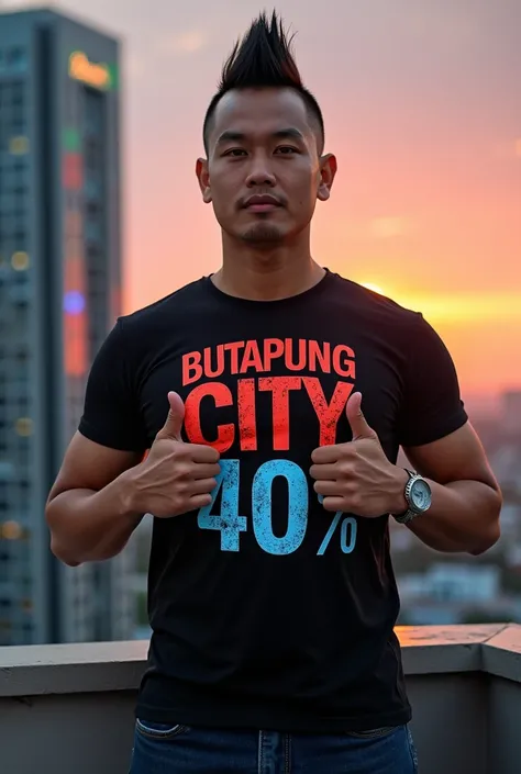 
 professional photos 4K  , , an Asian man with a round face , The mohawk ,  in a black shirt dress with a graphic print  "Butapung City 40%" , Bright color font,  and jeans,  was looking straight at the audience ,  pointing both thumbs lovingly at chest l...