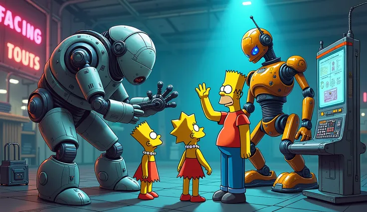 " The Simpsons visit a futuristic factory filled with detailed robots .  Homer accidentally activates a giant robot while Bart tries to control a small robot that is stacking bananas.  Lisa analyzes a holographic panel with complex graphics ,  and Maggie i...