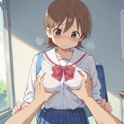  groping breast, pov hands, 1Girl, score_9, score_8_up, score_7_up, aioiyuuko,  school outfit, blush