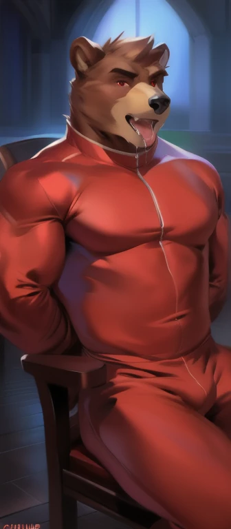 Solo , male ​Tall​,huge body,​Chair Ride,​The room was completely dark. ,bear, He was like drooling. , heavy  เกินพิกัด,   muscle bound , red Tracksuit soldier , Open your mouth like you want to eat...,Red eyes, by chunie  