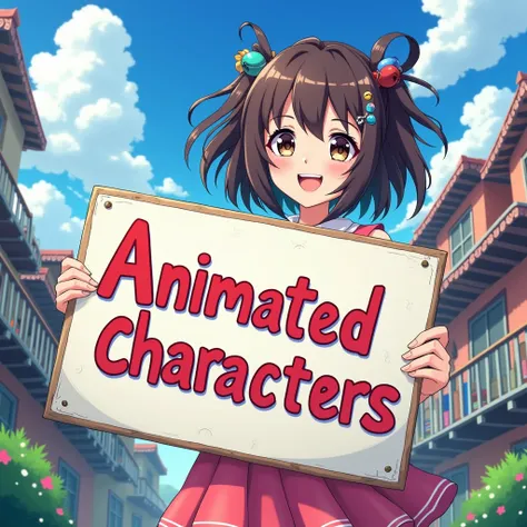 A vibrant anime background featuring a girl holding a sign.,((The sign displays the text "Animated Characters" in bold)),stylish font. The scene is colorful and dynamic,with a whimsical atmosphere,showcasing detailed scenery and character design