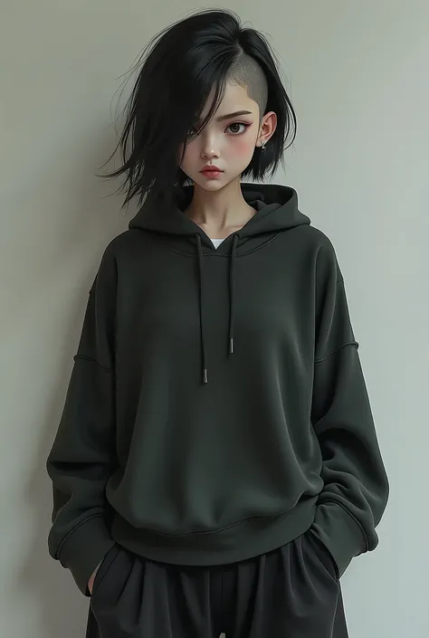 Dark-haired girl with shaved temples with a serious face in wide pants and a hoodie