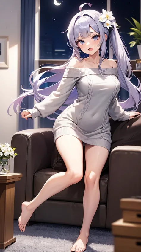 ((1 Girl, Solo, 18 Year Old Girl, Light Purple Hair: 1.5, Side Ponytail: 1.5, Ahoge, Long Hair, Wavy Hair, Blunt Bangs, Ultra-Detailed Eyes, Blue Eyes, Long Eyelashes, Huge Breasts, Collarbone, Happy, Smile, Open Mouth, Dancing, Beautiful Skin, Two Breasts...