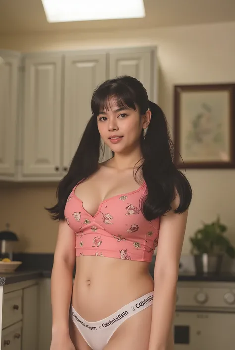 Capture a cinematic and intimate indoor scene featuring a slender, voluptuous figure Thai teen girl posing in a kitchen setting with a slightly retro or classic vibe. She is dressed  a pink padded bra with cartoon pattern. She is wearing a white thong wais...