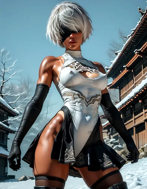 Subject: (1woman, 2B, Nier Automata 2B), appearance ((mid-length white hair:2), blindfold over eyes, (ultra-detailed face), accurate face, ((black) tomboy style skirt:1.32), silver detailing on skirt, (leotard with open sides:1.39), sleeveless, black over-...