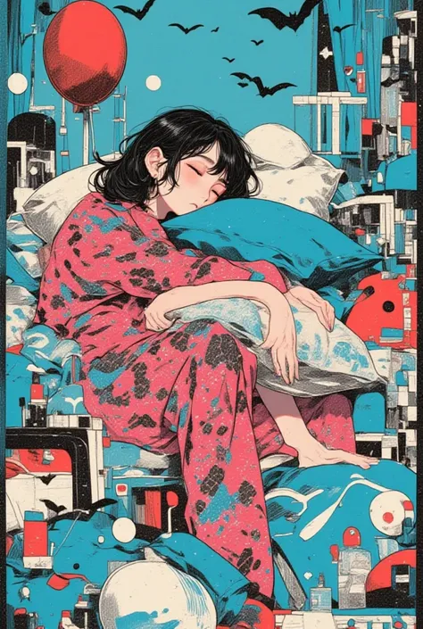    sleeping holding a pillow,「Catch you later!」,Balloon color,Light blue ,blue,White,Black, wine red ,Surreal collage,a contemporary artistic collage,collage artwork, New Album Cover , Great Job !! ,digital collage、(collage ),collage art,contemporary colla...