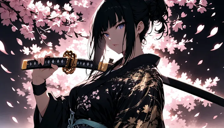 masterpiece, best quality 1girl, black hair, ink絵、Cherry Blossoms at Night、 girl、Jet Black、Female Samurai、ink、cool、 sword in the background