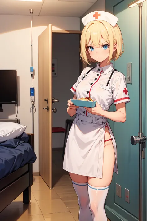  1 girl, Alone, nurse, nurse cap, white nurse uniform, (( white legwear ,  absolute domain)), White handbag,  very short hair, Blonde,  standing, ((Hospital room)),  sharp outline, Short sleeve,  tomboy ,  bob hair,  top quality,   masterpieces during brea...