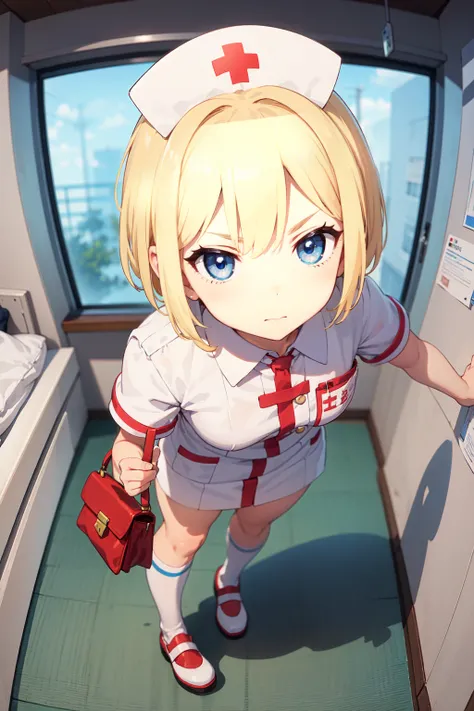  1 girl, Alone, nurse, nurse cap, white nurse uniform, (( white legwear ,  absolute domain)), White handbag,  very short hair, Blonde,  standing, ((Hospital room)),  sharp outline, Short sleeve,  tomboy ,  bob hair,  top quality,   masterpieces during brea...