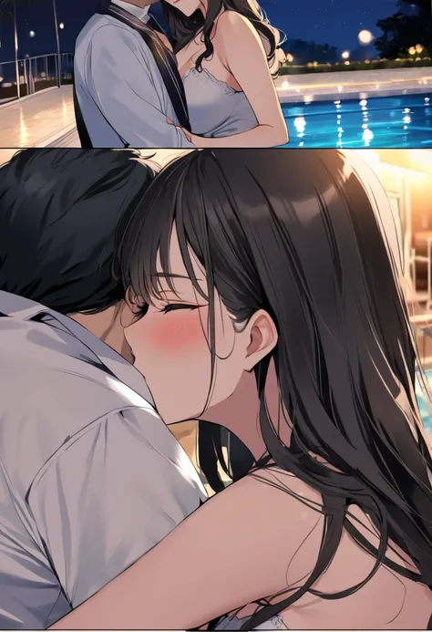 (( top quality)), (( masterpieces during breakfast )), ( Details), ( 1 Anime Girl ),  sexy, ( black hair), Bust 9５Big breasted OL in CM ,  young woman, Pool at night, ( sexyな水着の女性), ( woman kissing man by the pool)