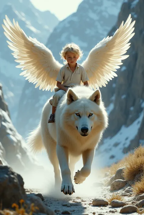 A blond boy with angel wings sits on a running wolf in the mountains