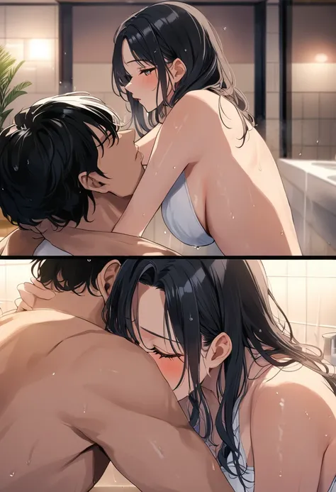 (( top quality)), (( masterpieces during breakfast )), ( Details), ( 1 Anime Girl ),  sexy, ( black hair), Bust 9５Big breasted OL in CM ,  young woman, Pool at night, ( sexyな水着の女性), (Woman kissing man in shower room)