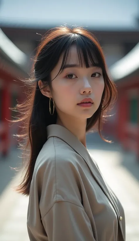 Japanese Beauty　28 years old　Daytime　winter　Standing alone at Kiyomizu-dera Temple in Kyoto　E cup bust　Shirt dress　 Beautiful Bust Line 　 Beautiful Body Lines　 real people 　 elegant face　 Elegant Face 　 staring at me 