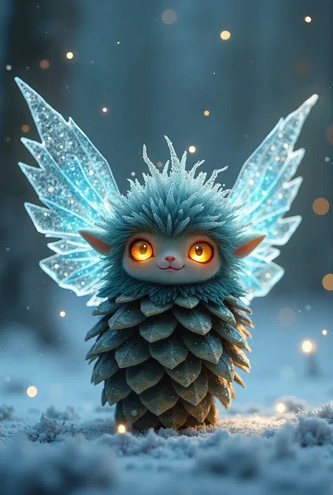 The Mysterious Creature, cute, ((sentient pinecone)), with glowing amber eyes, frosty crystalline wings,  #ChristmasAdventure#