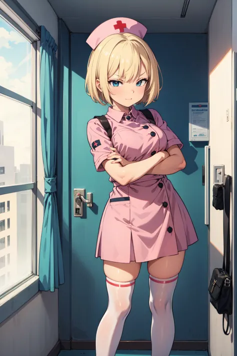  1 girl, Alone, nurse, nurse cap, white nurse uniform, (( white legwear ,  absolute domain)), White handbag,  very short hair, Blonde,  standing, ((Hospital room)),  sharp outline, Short sleeve,  tomboy ,  bob hair,  top quality,   masterpieces during brea...